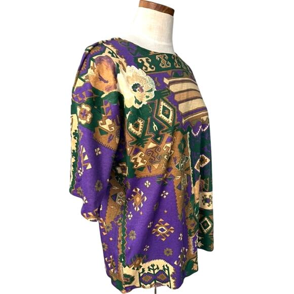 Vintage 80s 90s Abstract Tribal Print Oversized Tee Purple Gold Graphic XL AOP - Picture 4 of 10